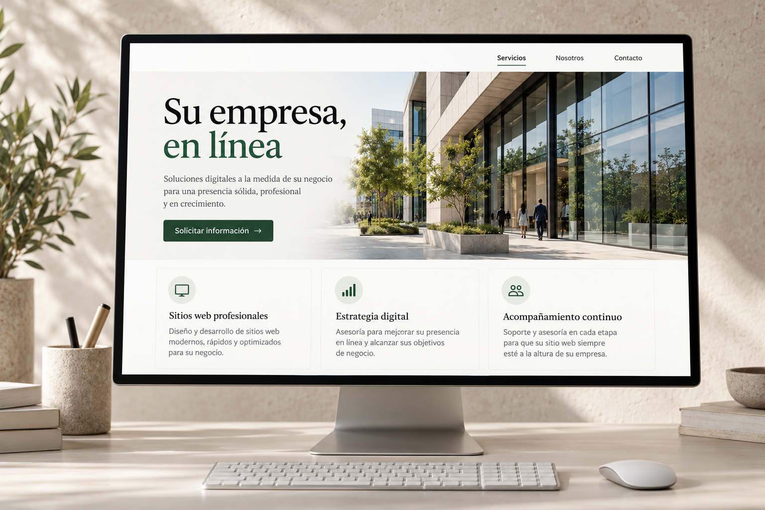 Diseño ilustrativo de sitio web empresarial en una pantalla de escritorio.